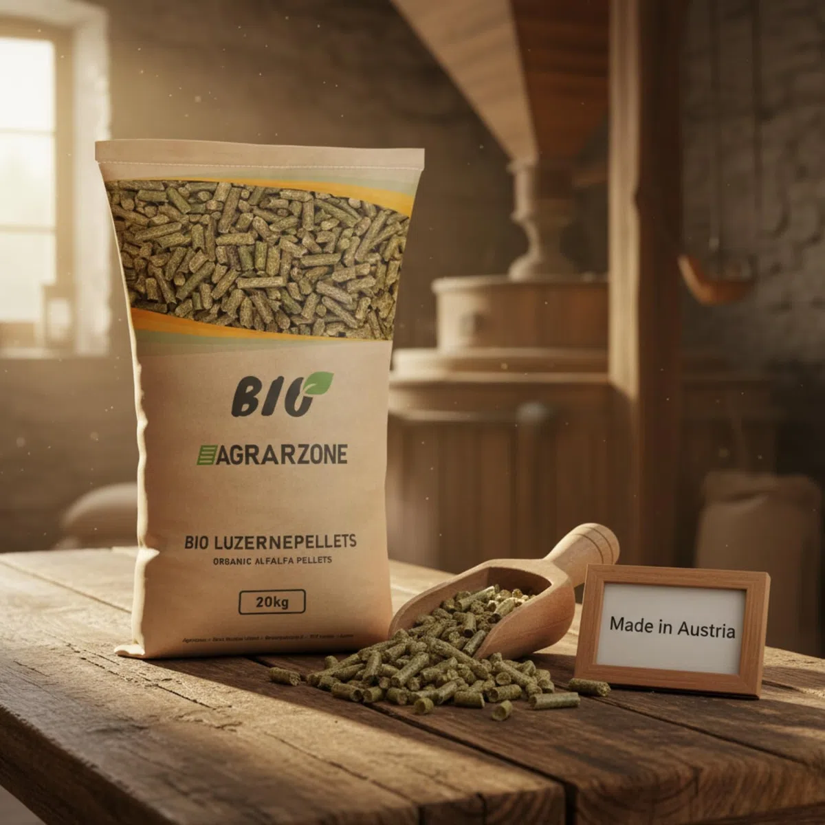 Agrarzone BIO Pellet di Erba Medica 20 kg - Sostituto Foraggio Ricco di Proteine & Fibre - Per Cavalli, Bovini, Pecore & Capre - 100% Naturale Austria Senza OGM
