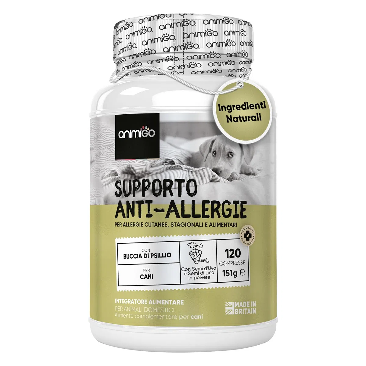 Integratore Cane per Allergie Cutanee, Ambientali, Alimentari e Dermatite Cane, 120 Compresse Gusto Pollo con Semi d'Uva, Semi Zucca, Buccia Psillio, Farina Riso Integrale, Curcuma per tutte le Razze
