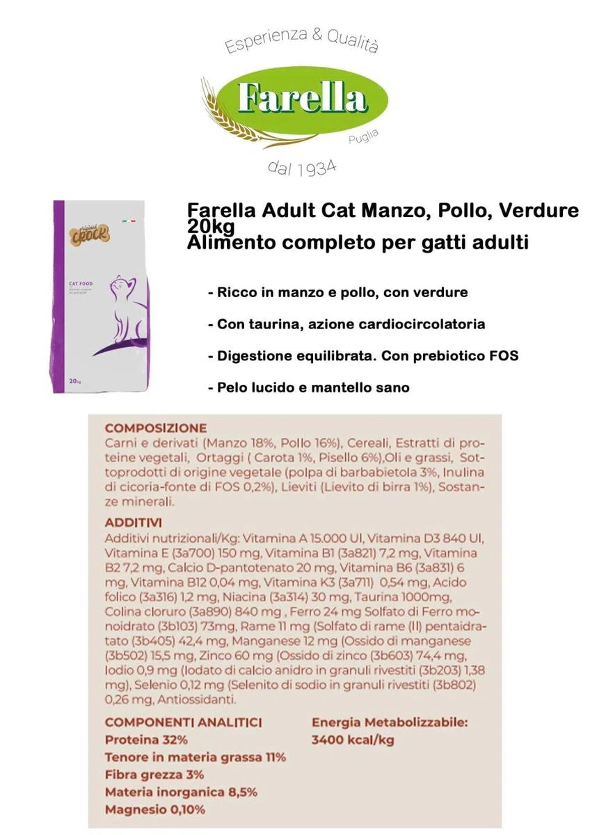 Crocchette Farella adult cat manzo,pollo,verdure 20kg