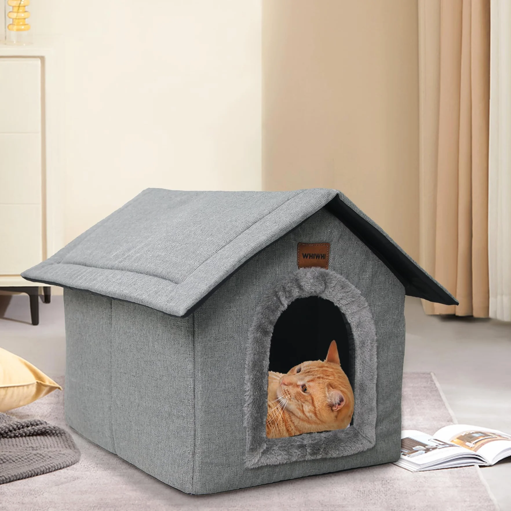 Casetta per Gatti Cuccia Per Animali Domestici con Cuscino in Peluche Pieghevole Cuccia Gatto Tenda per Gatti Caldo e Confortevole 35x30x35cm