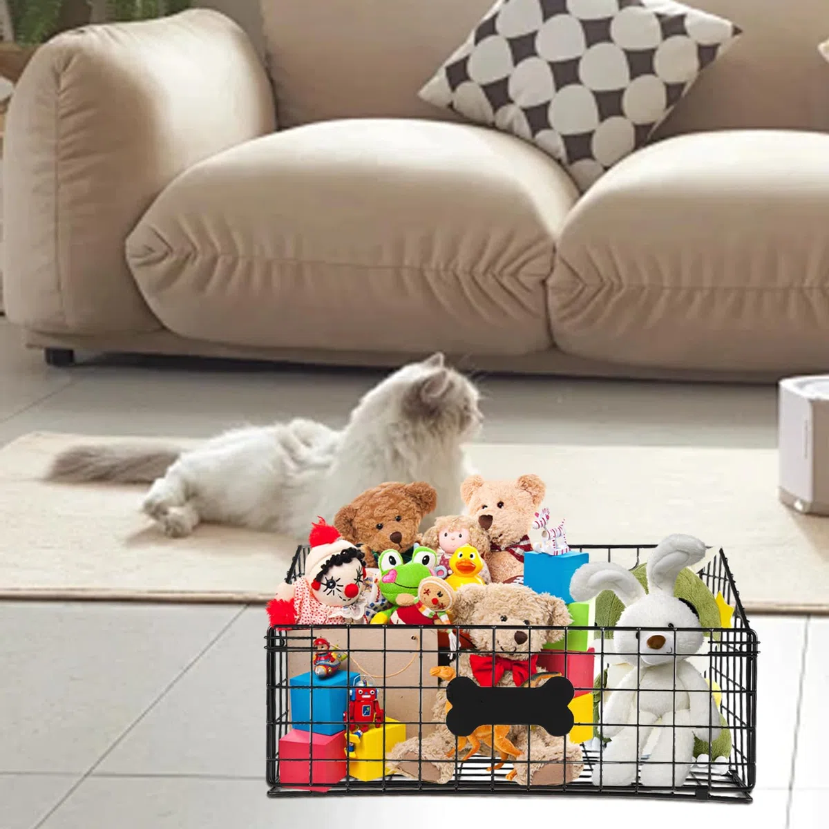 Cesto Organizzatore per Giocattoli di Cani e Gattini, Grande Capacità con Design, Contenitore Pieghevole in Metallo Resistente ai Morsi, Cesto Multiuso per Giocattoli e Alimenti 40x27x21cm Nero