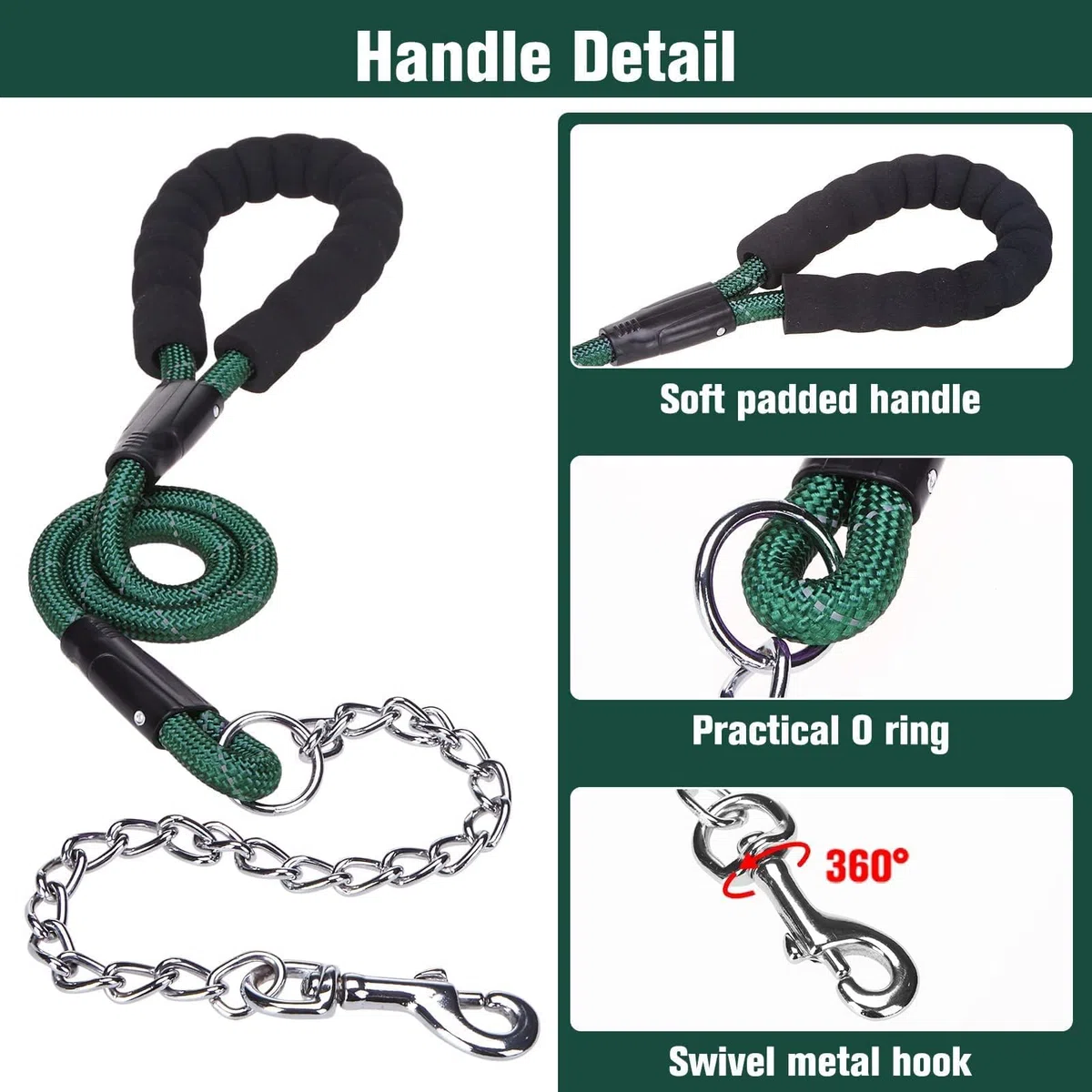 Mihachi Guinzaglio per cani anti morso - Guinzaglio resistente in corda con catena anti-morso e morbida impugnatura imbottita, guinzaglio forte senza grovigli con fili riflettenti, verde