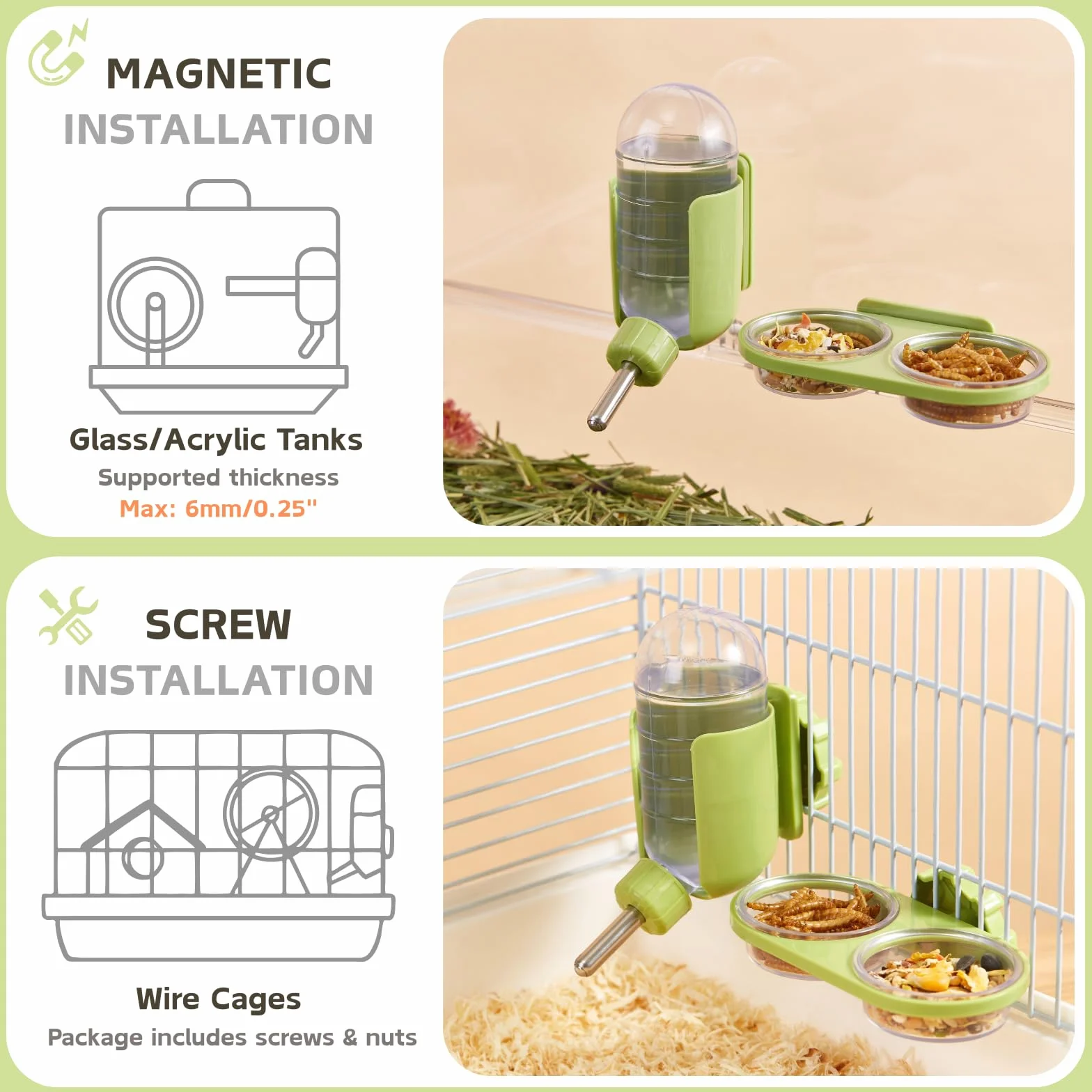 Set Magnetico per Alimentazione Roditori con Bottiglia d'Acqua & Ciotola per Terrari in Vetro Criceto Dorato Degù (Grigio, Montaggio magnetico)