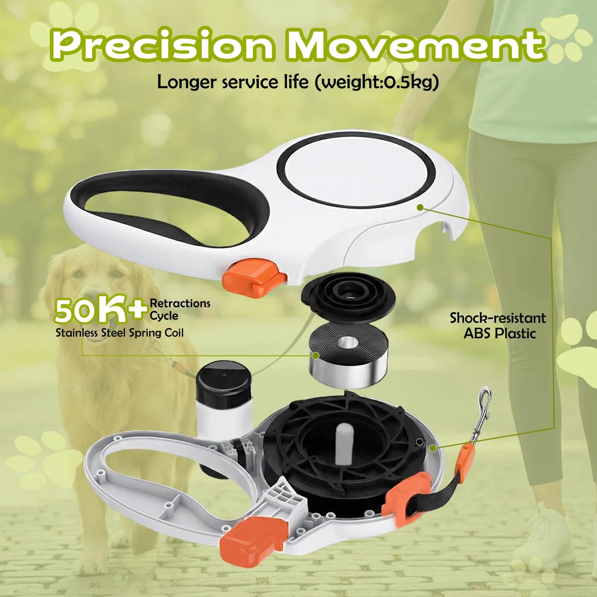 Guinzaglio per Cani Allungabile 8m(Fino a 50 kg), Guinzaglio Retrattile per Cani con Portasacchetti Integrato e Pulsante di Freno Rapido, Guinzaglio Esteso Senza Grovigli a 360° (Bianco, 8m)