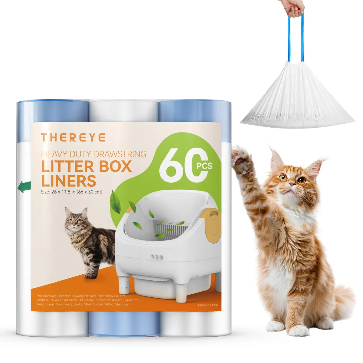 Thereye Sacchetti per Lettiera Gatto, 60 Pezzi Sacchetti per Lettiera per Gatti Autopulenti con Laccetti, 66 x 30 cm, Sacchetto di Ricarica per ER-SC06