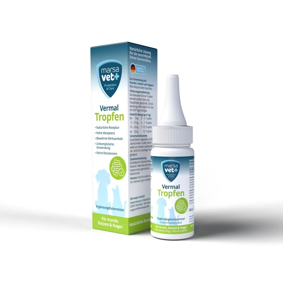 marsavet+ Vermal Gocce 50 ml – Soluzione Naturale per Ambiente Intestinale Sfavorevole ai Vermi, Aiuta Contro Giardia, Rimedio per Vermi e Parassiti Intestinali per Cani, Gatti e Roditori