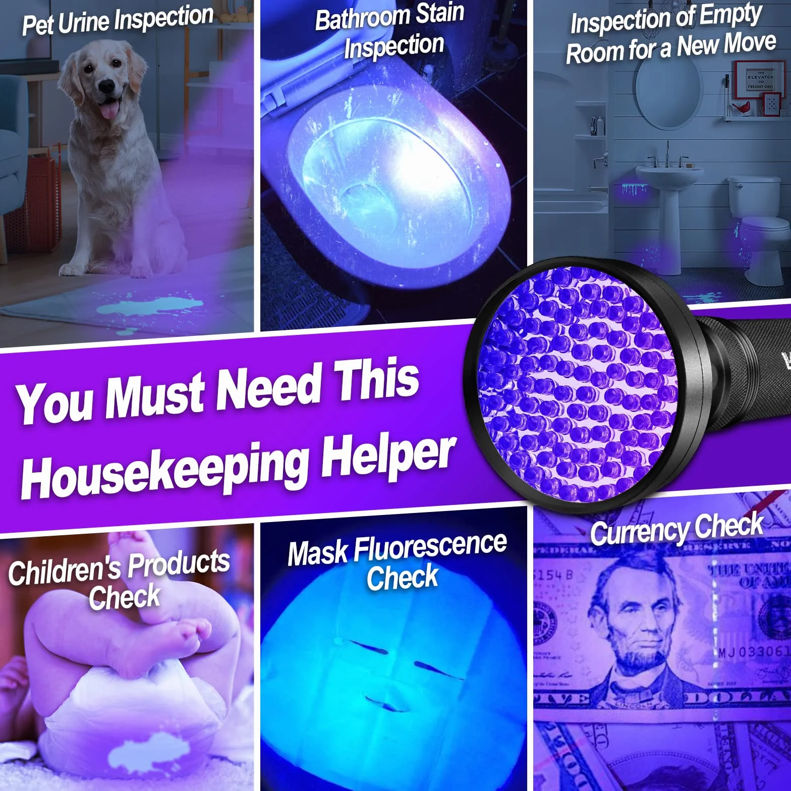 Torcia a raggi ultravioletti con luce UV, 100 LED, 395 nm, rilevatore di macchie di urina per gatti secchi/cani che curano la resina UV, pulizia della torcia OCD, ricerca di palline da golf/scorpioni