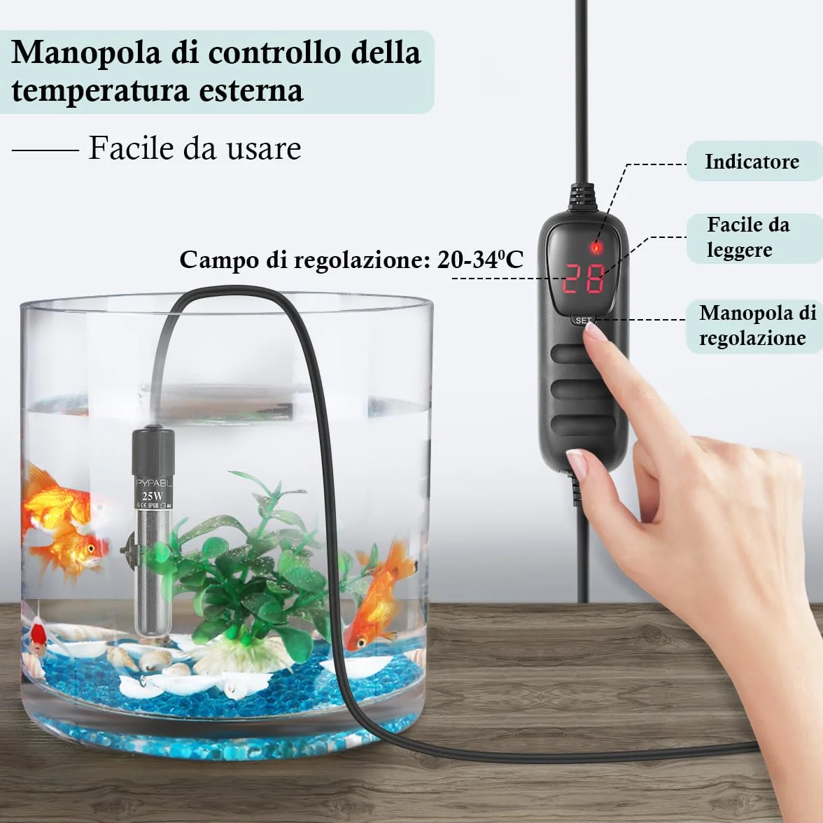Mini Riscaldatore per Acquario, 25W 50W 100W Piccolo Riscaldatore per Acquario Sommerso con Controller Esterno per Vasca Pesci e Tartarughe da 3-100L(25W per 3-20L)