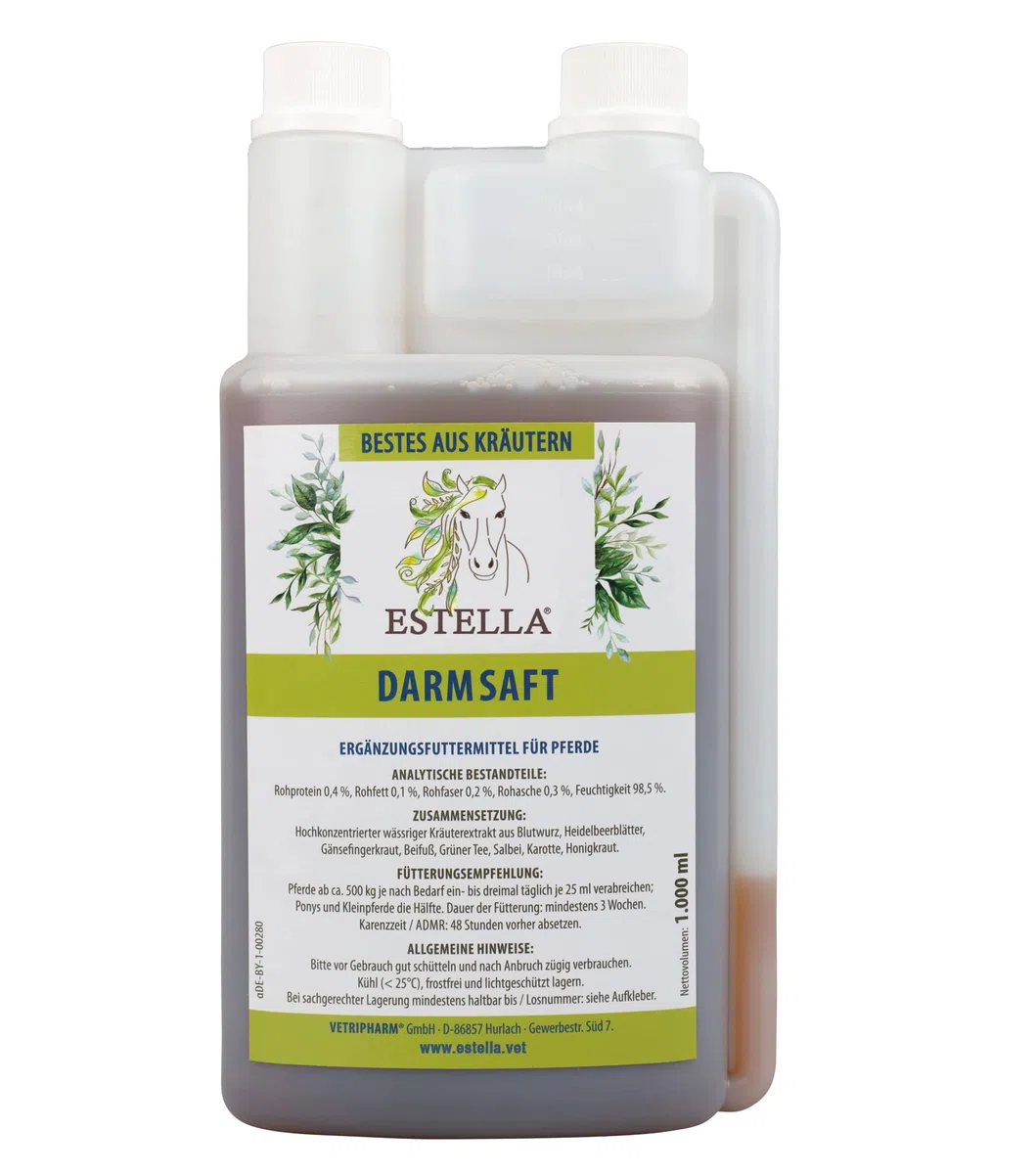 ESTELLA Succo intestinale, 1 l, mangime complementare per cavalli, con radice di sangue e foglie di mirtillo