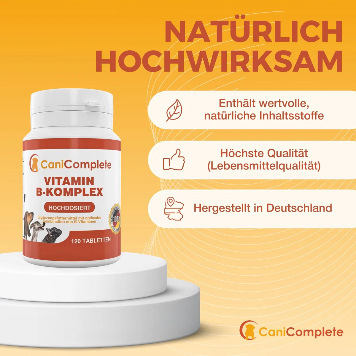 Complesso vitaminico B per cani, gatti, B1, B2, B3, B5, B6, B9, B12, K3, calcio, acido folico. Supporta funzioni nervose importanti. 120 pezzi (confezione 4 mesi)