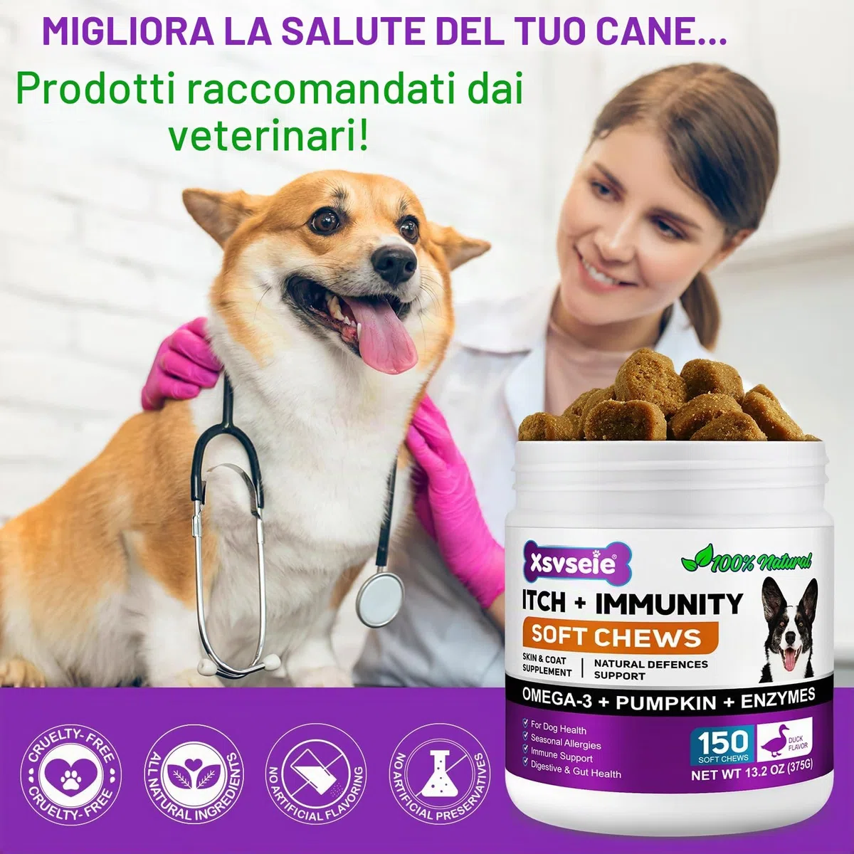 Allergie Relief Dog Treats,150 Pezzi Prurito per la Pelle del Cane Che Mastica, Smetti di Prurito, Leccare, Graffiare, Allergie Stagionali, per Tutte Le Razze e Dimensioni di Cani,Anatra