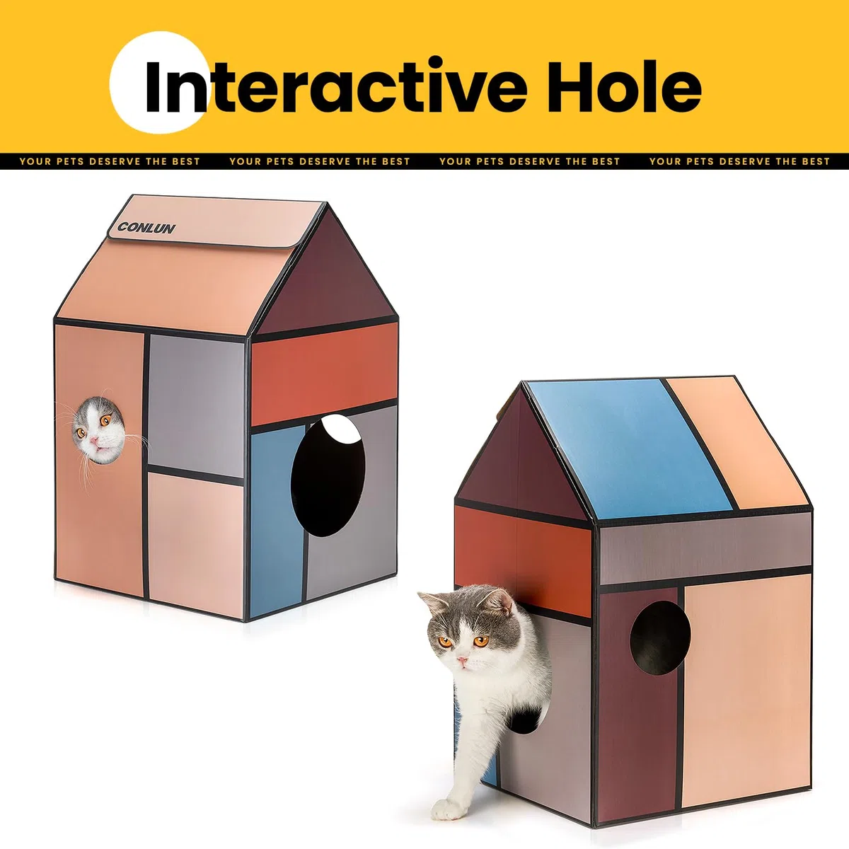 Conlun Cuccia Gatto in Cartone con Tiragraffi per Gatti & Catnip, Casa per Gatti in Cartone Facile da Montare, Adatta a Decorazioni Domestiche, Tiragraffi Gatto Domestici e Piccoli Animali, Medio