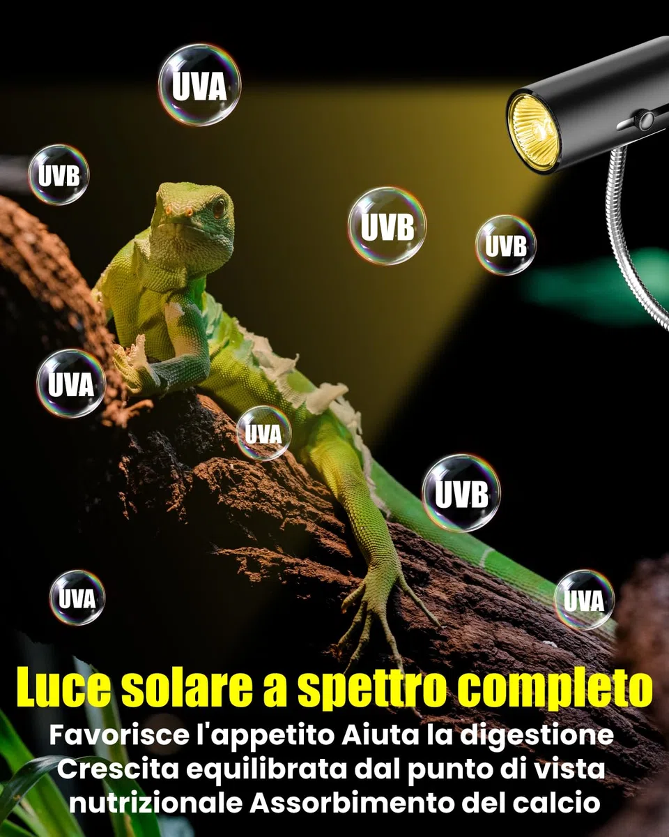 Lampada Riscaldante uvb Tartarughe con 2 Lampadine UVA/UVB da 50W Regolabili a 360° Lampada per Anfibi Adatto per Tartaruga, Ragno, Lucertola, Serpente, Anfibi, Cockatoo, Chameleon