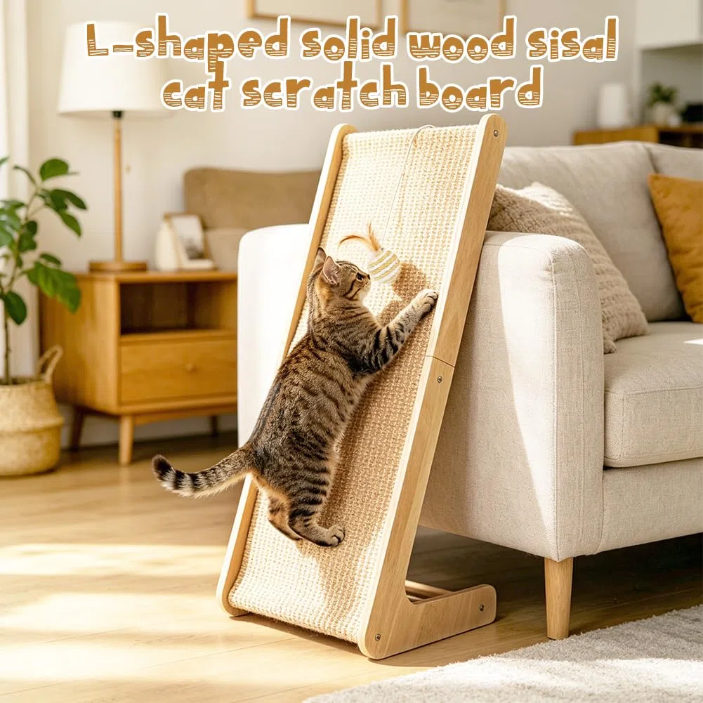 CEWROM Tiragraffi gatto grande 68 cm, sisal tiragraffi gatti, in legno di faggio massiccio e sisal naturale, design reversibile a forma di L, tappetino antigraffio per divano e protezione da parete