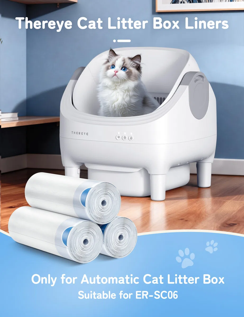 Thereye Sacchetti per Lettiera Gatto, 60 Pezzi Sacchetti per Lettiera per Gatti Autopulenti con Laccetti, 66 x 30 cm, Sacchetto di Ricarica per ER-SC06