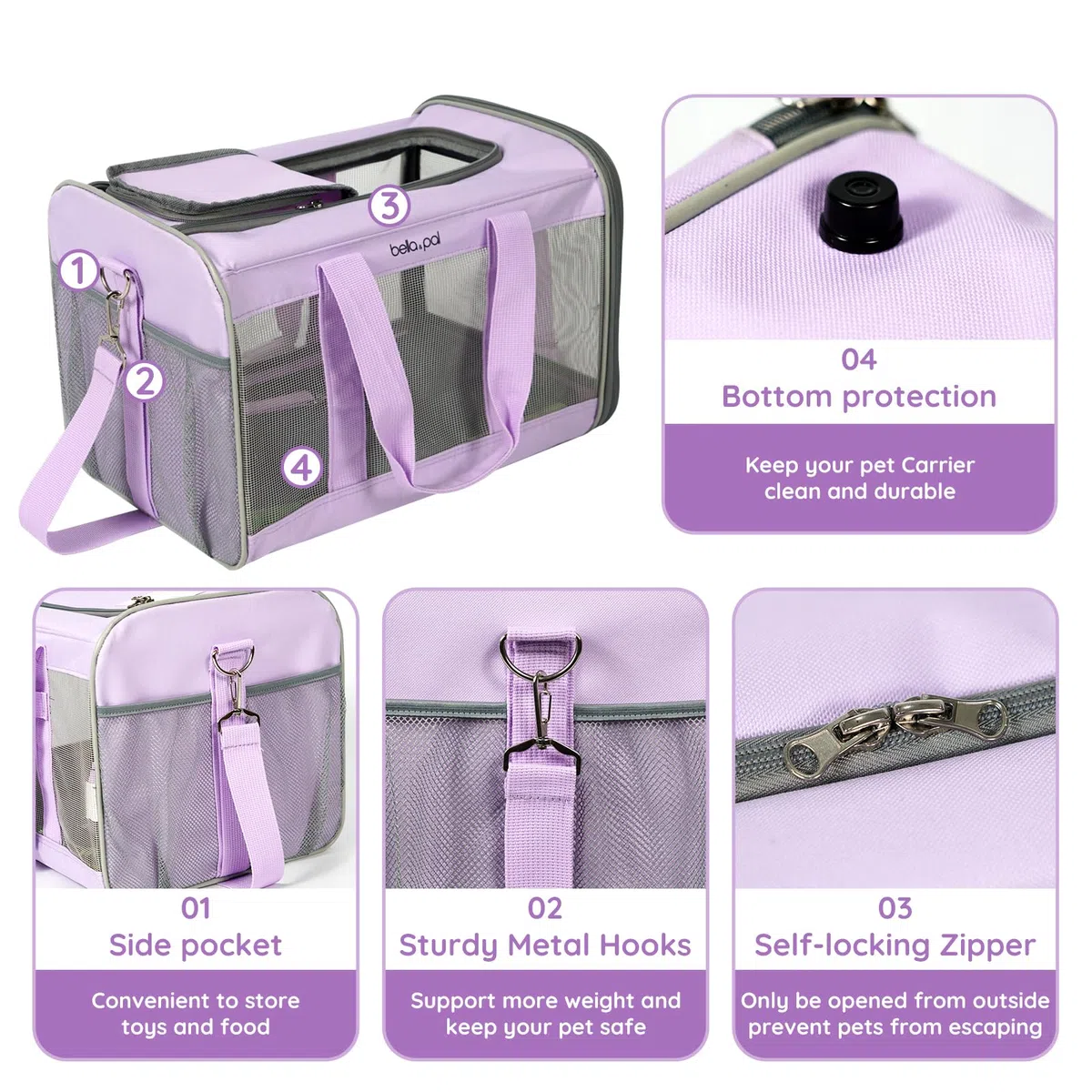 BELLA & PAL Trasportino Portatile per Gatti/Cuccioli, Borsa da Viaggio per Animali Domestici, Borsa per Gatti Ripiegabile con Tessuto Antigraffio, Cerniera Antifuga, Adatto per Viaggio sull’Aereo, M