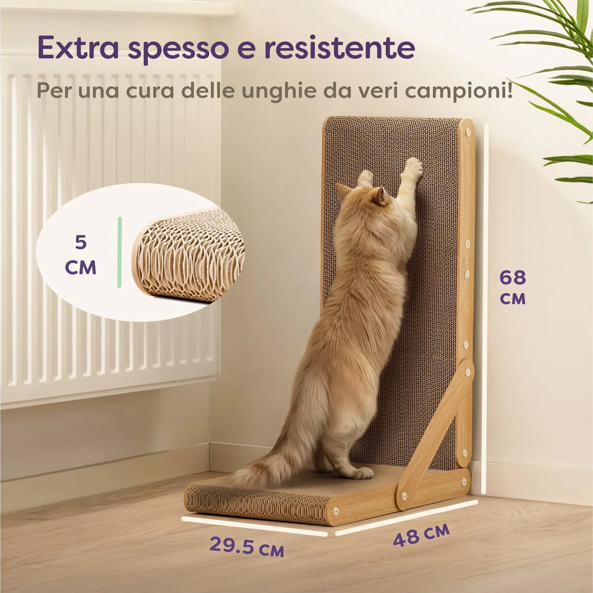Knupis Tiragraffi Gatto Grande 68 cm - Particolarmente Resistente per la Cura Degli artigli Gattini - Facile da montare - Protezione per divano e parete - Design reversibile a Forma di L