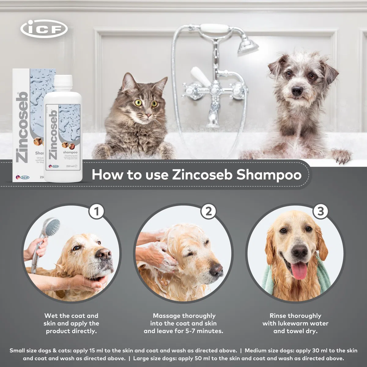 ICF | Zincoseb Shampoo per cani per alleviare il prurito della pelle + antimicotico + antibatterico per cani e gatti | Realizzato per animali domestici con pelle sensibile | 250 ml ICF | Zincoseb
