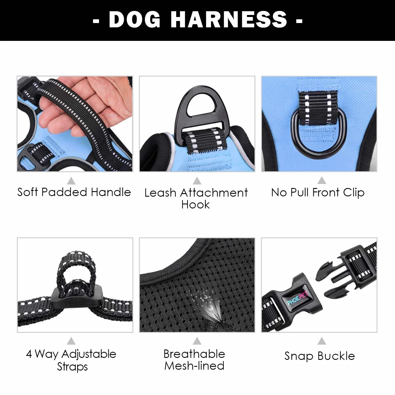 PHOEPET - Pettorina per cani anti-tiro, regolabile, riflettente, con manico per addestramento, tasca per nome, 2 ganci per guinzaglio in metallo, 3 fibbie a scatto, facile da indossare, S, celeste