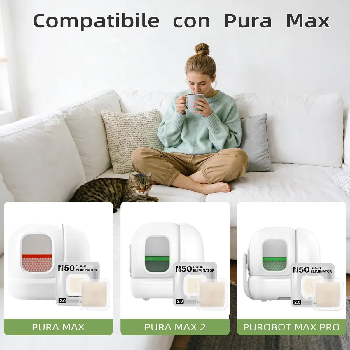 Deodorante N50 2.0 per lettiera autopulente per gatti Pura Max, controllo degli odori, rimuove gli odori più ostinati in profondità, 3 pezzi