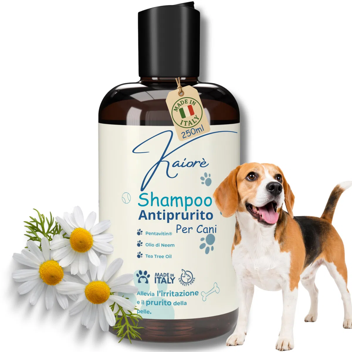 Kaiorè Shampoo Antiprurito per Cani, Adatto per dermatite, Sollievo Cute Sensibile e Irritata, con Olio di Neem, Tea Tree Oil e Pentavitin®, 250 ml