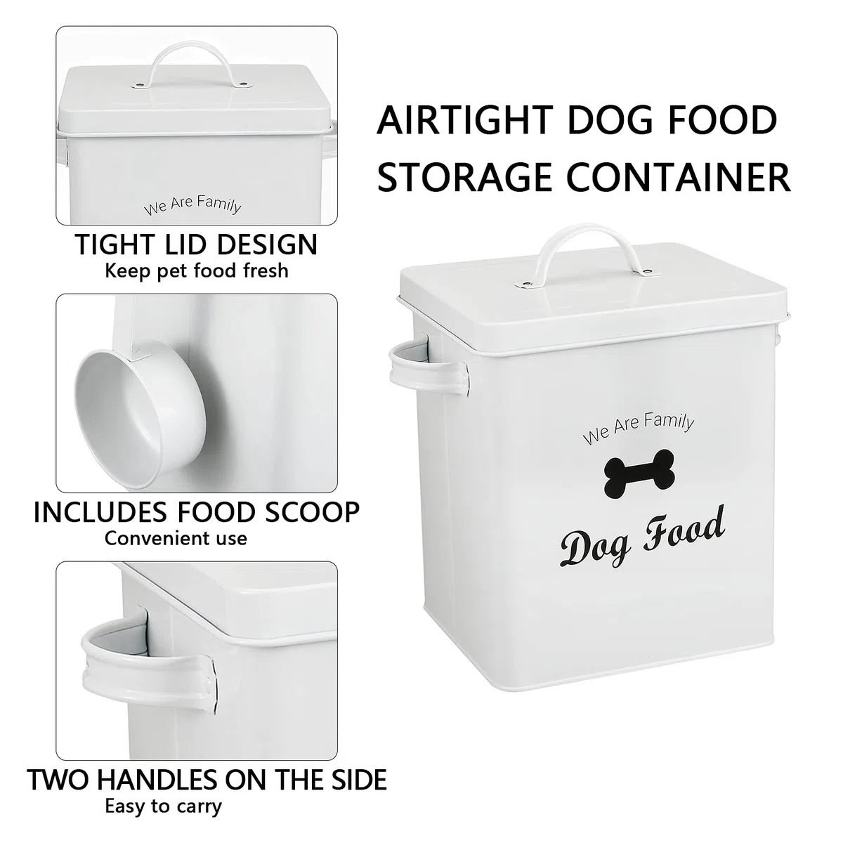 Pethiy Contenitore crocchette Cibo e Trattare per Cani, con Coperchio e Paletta, capacità 2,3 kg, Contenitore per Alimenti in Metallo per Animali Domestici-Bianco-Dog Food