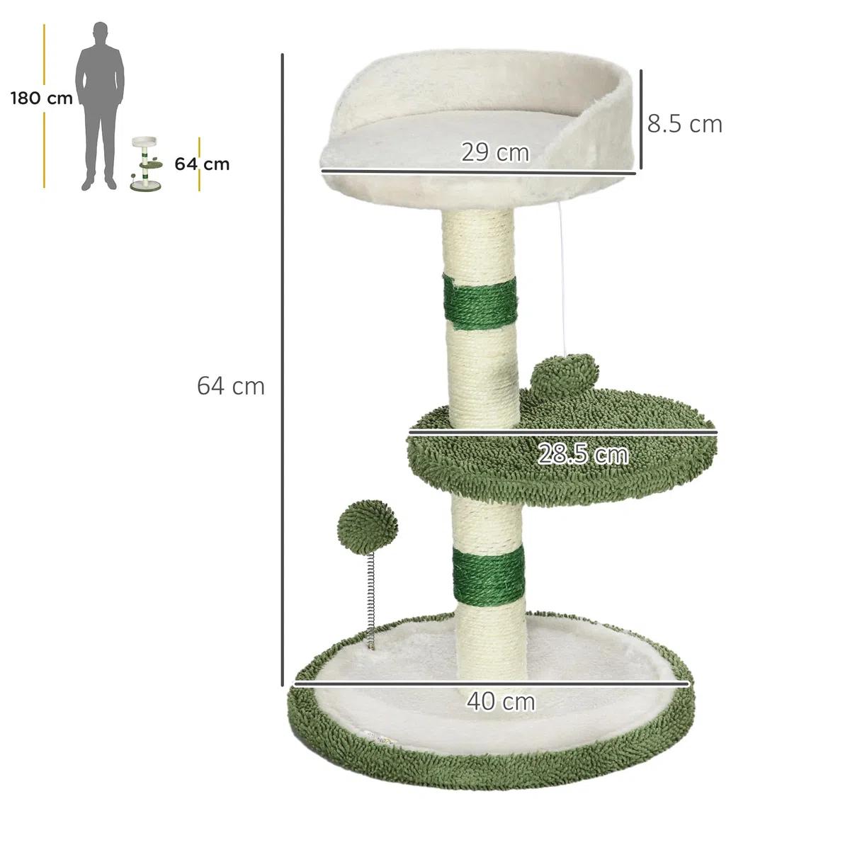 PawHut Albero Tiragraffi con Lettino per Gatti, 2 Palline, Piattaforma e Palo in Sisal, Palestra per Gatti con Rivestimento in Chenille e Peluche, Verde e Bianco