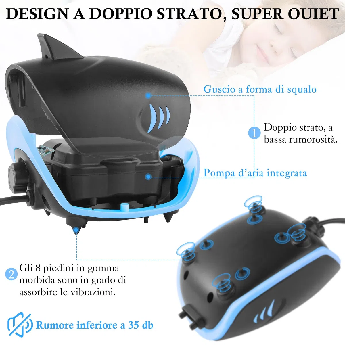 3W Pompa d'Aria per Acquario, Ossigenatore per Acquario Silenzioso con capacità di 5L/Min, Aeratore per Acquario Regolabile per Serbatoi fino a 400 Litri