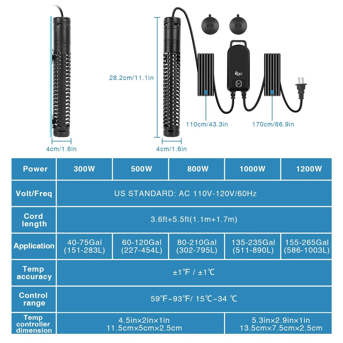 AQQA Riscaldatore per acquario, 300W/500W/800W/1000W/1200W riscaldatore ad immersione per acquari con display digitale LED e protezione da sovratemperatura, per acquari di acqua salata e dolce