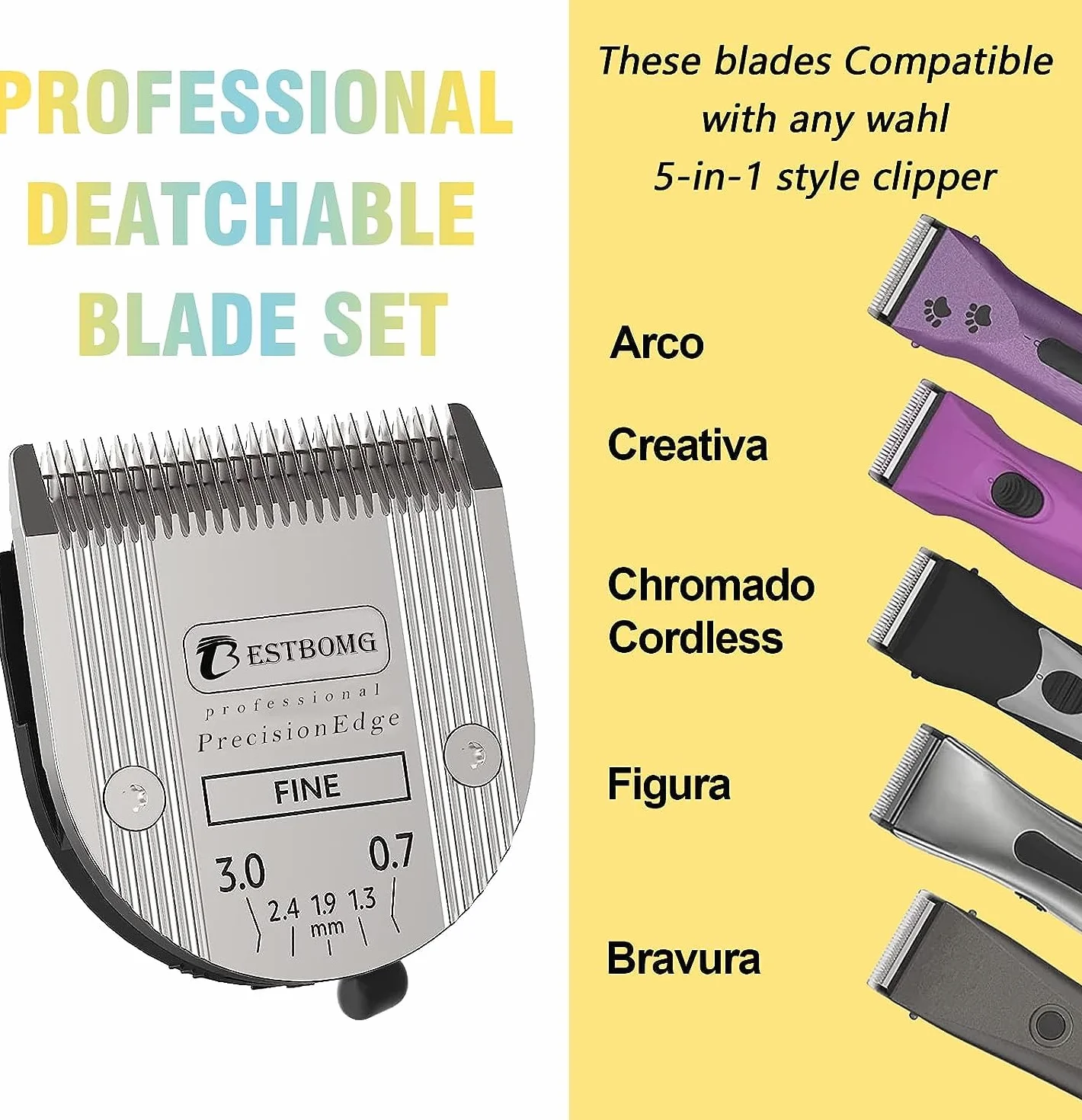 BESTBOMG Confezione da 2 Lame per Cani Professionali 5 in 1 con Lunghezza di Taglio Regolabile da 0,7-3 mm,compatibili con Wahl Arco,Bravura e Moser Arco 1870/1871/1872/1873/1854