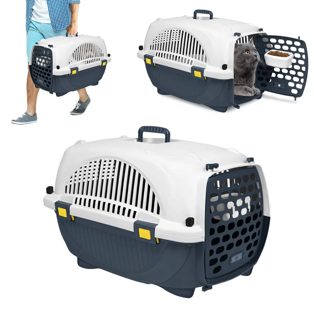 Trasportino gatto per cani di piccola taglia e gatti, in plastica con ciotola, trasportino animali fino a 10 kg, 61 x 37 x 37 cm, grigio