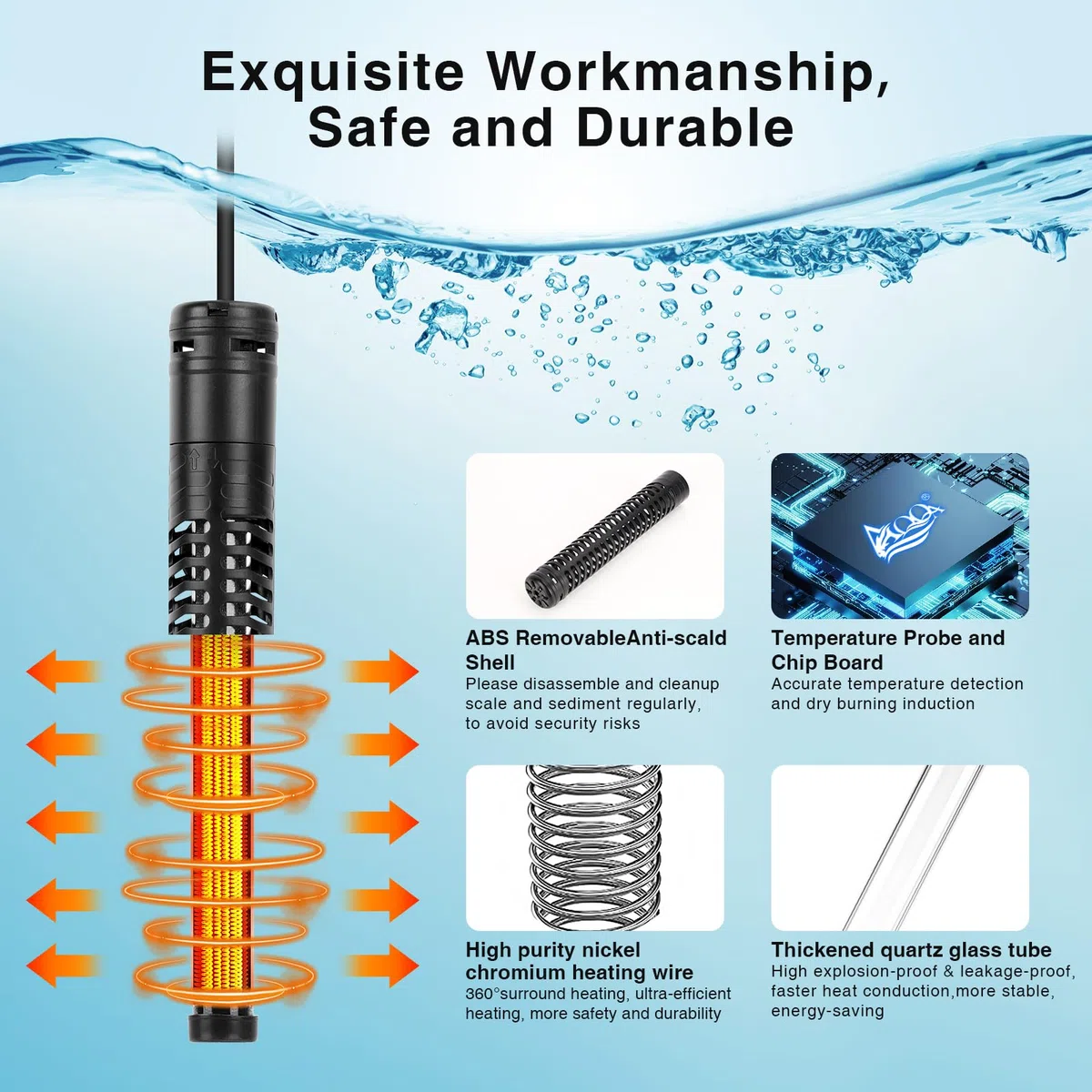 AQQA Riscaldatore per acquario, 300W/500W/800W/1000W/1200W riscaldatore ad immersione per acquari con display digitale LED e protezione da sovratemperatura, per acquari di acqua salata e dolce