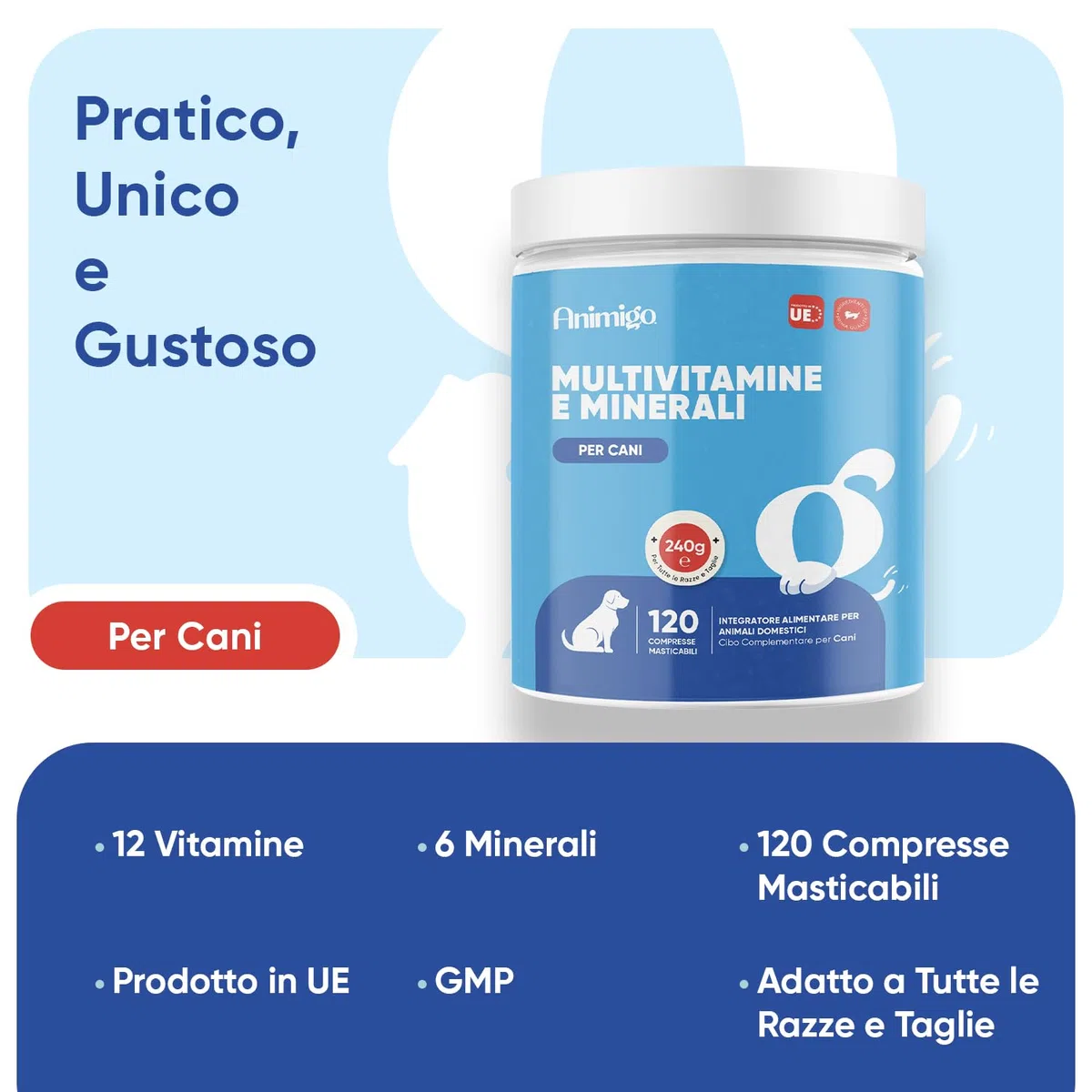 Vitamine per Cani con Minerali, 120 Compresse Masticabili, 18 Vitamine e Minerali, Sistema Immunitario, Ossa, Articolazioni e Pelo, Integratori per Cani per Tutte le Taglie e Razze, Prodotto in UE