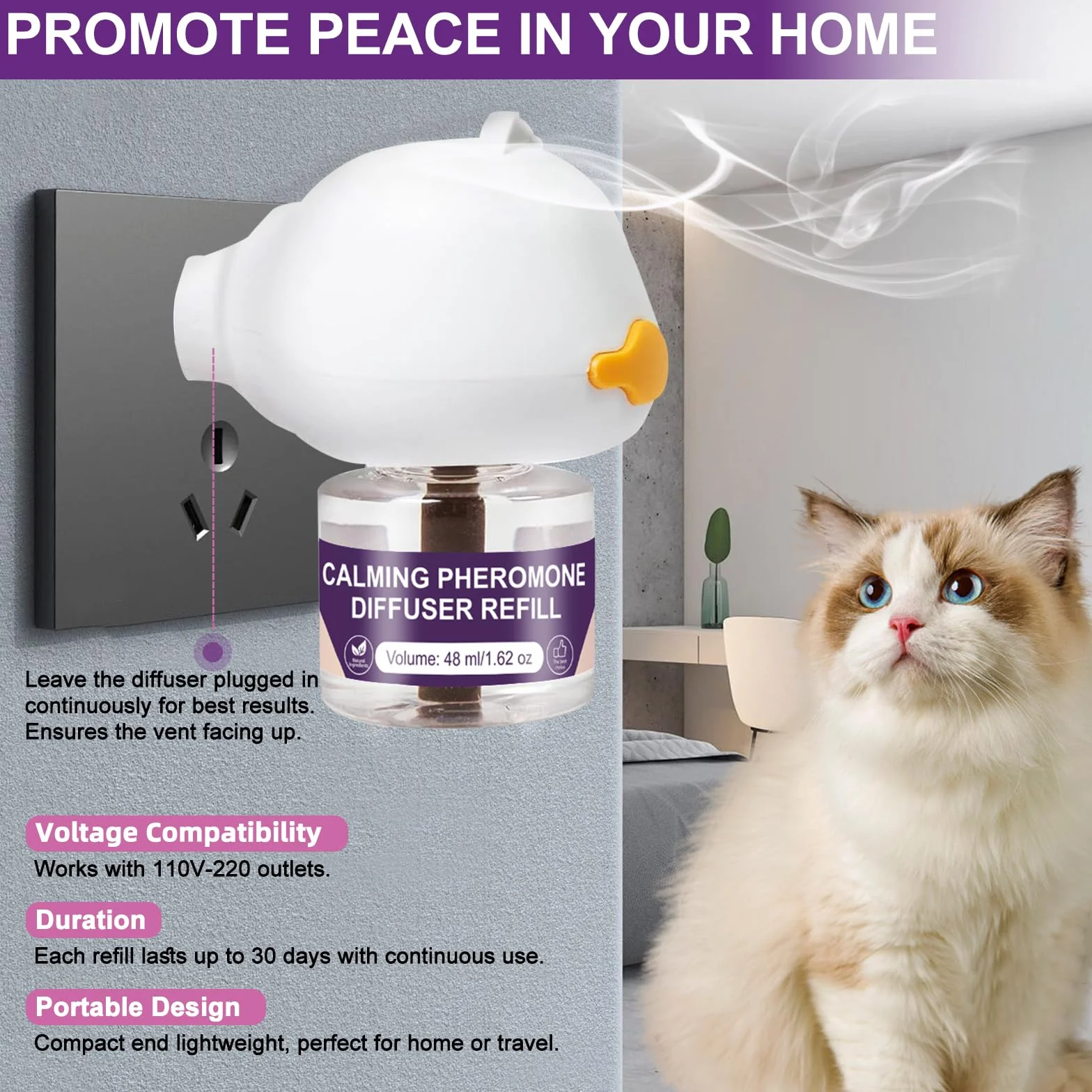 SLE Diffusore Feromoni per Gatti Calmante per Antistress Ridurre l'Ansia e Lo Stress, Feromoni Felini Tranquillanti per Gatti Irrequieti e Stressati (1 Diffuser+3 Refills)