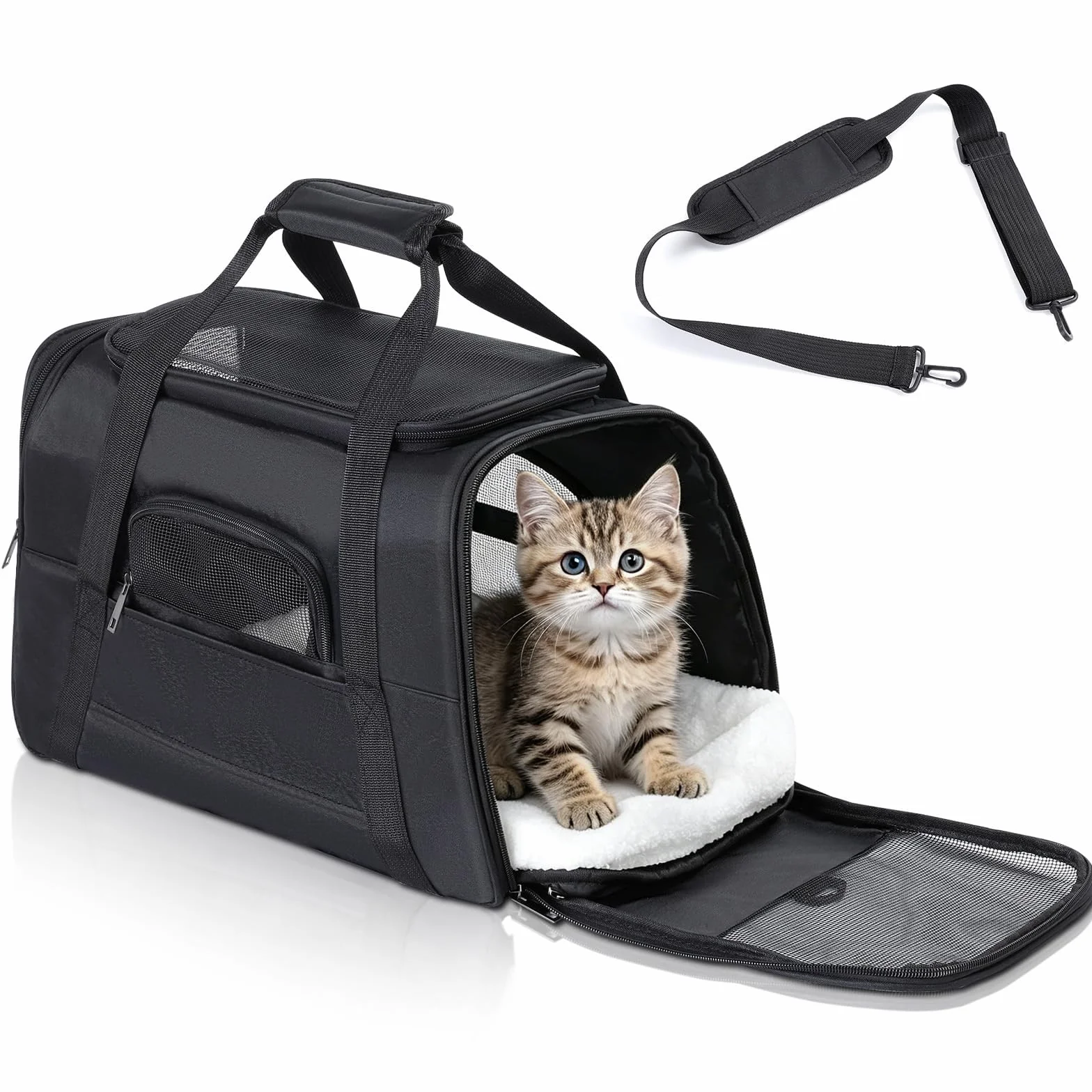 Romon Trasportino per Cani Gatti, Trasportino Gatto Portabile e Pieghevole Cane Cani Trasportino Morbido Traspirante Cane Taglia Piccola Borsa Trasportino Con Tracolla e Imbottito, Nero 17.3x11x9.8 in