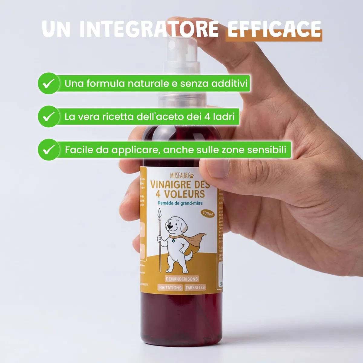 Museau & Co Aceto dei 4 Ladri Spray 250ml per Cani e Gatti | Antiparassitario Naturale Pulci & Zecche | Antibatterico, Antifungino & Repellente Insetti | Senza Pesticidi