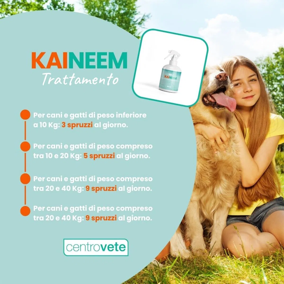 Centrovete - Kaineem Spray Repellente All'Olio di Neem - Per Cani e Gatti - Antiparassitario Naturale con Effetto Barriera Contro Parassiti Esterni - 2 Flaconi Spray da 300ml