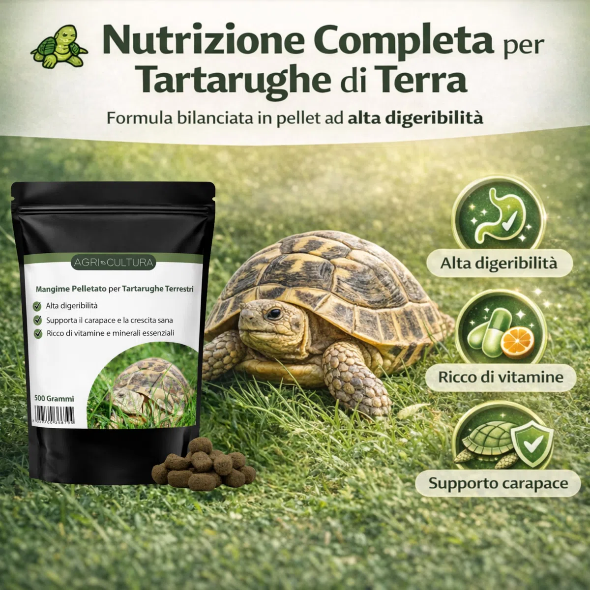 AGRI-CULTURA® | Mangime Completo per Tartarughe di Terra【500g】 | Cibo in Pellet ad Alta Digeribilità | Ricco di Vitamine e Minerali per Carapace Forte e Crescita Sana.
