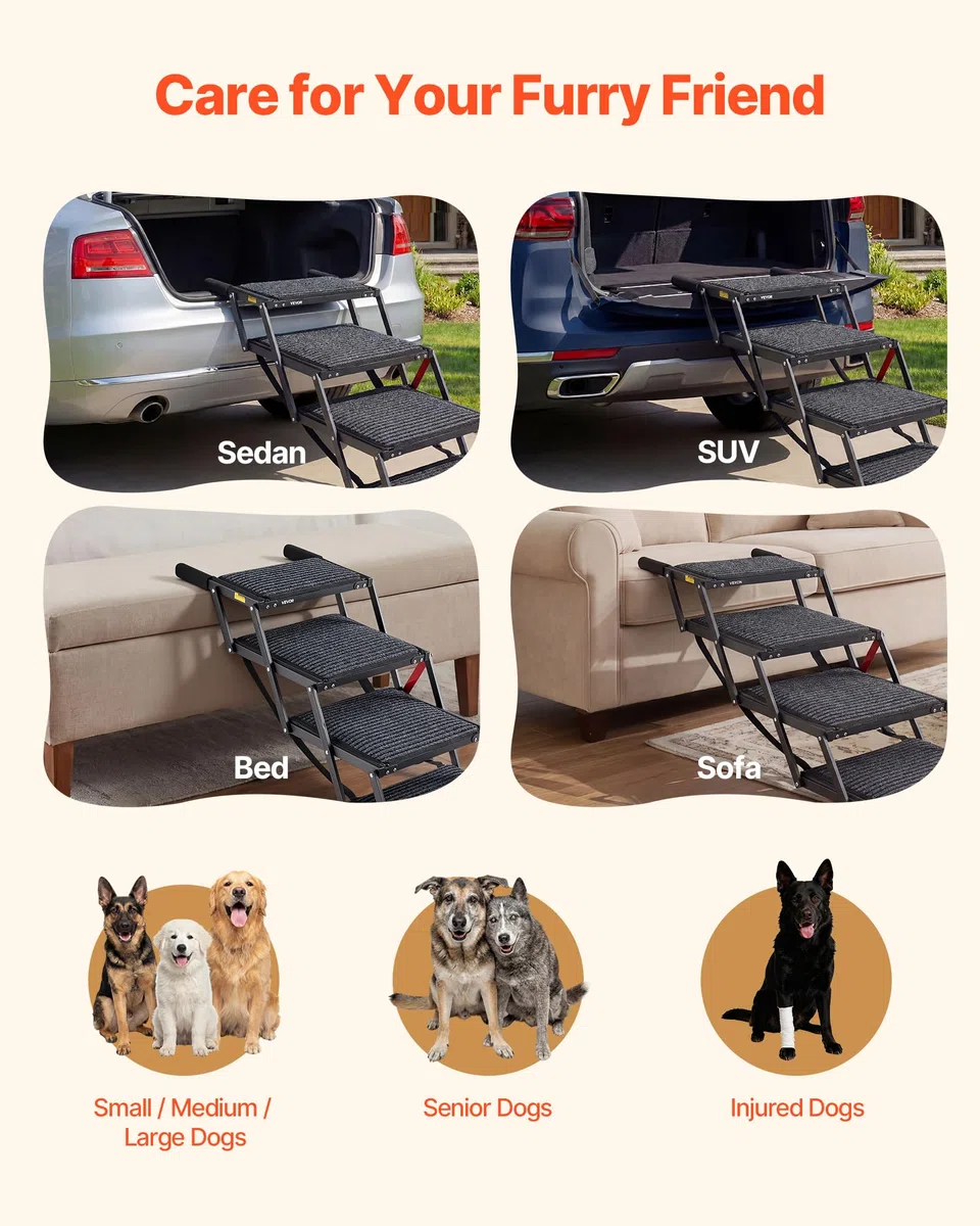 VEVOR Scaletta Pieghevole per Auto per Animali Domestici, Scala Pieghevole a 4 Gradini per SUV Camion Letti Divani per Animali Domestici Carico max 90,72 kg Superficie Antiscivolo, Extra Large