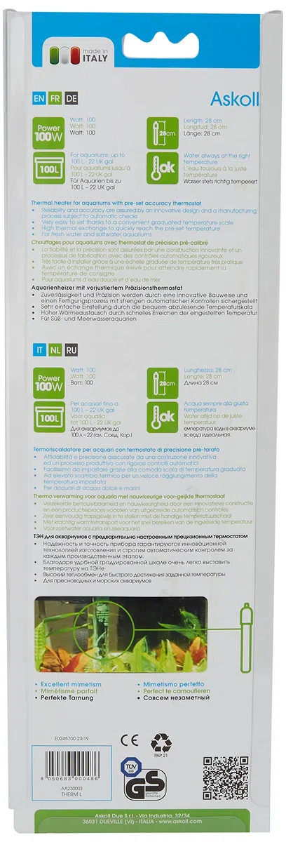 Askoll Aa230003 Termoriscaldatore 100 Watt per Acquario, L