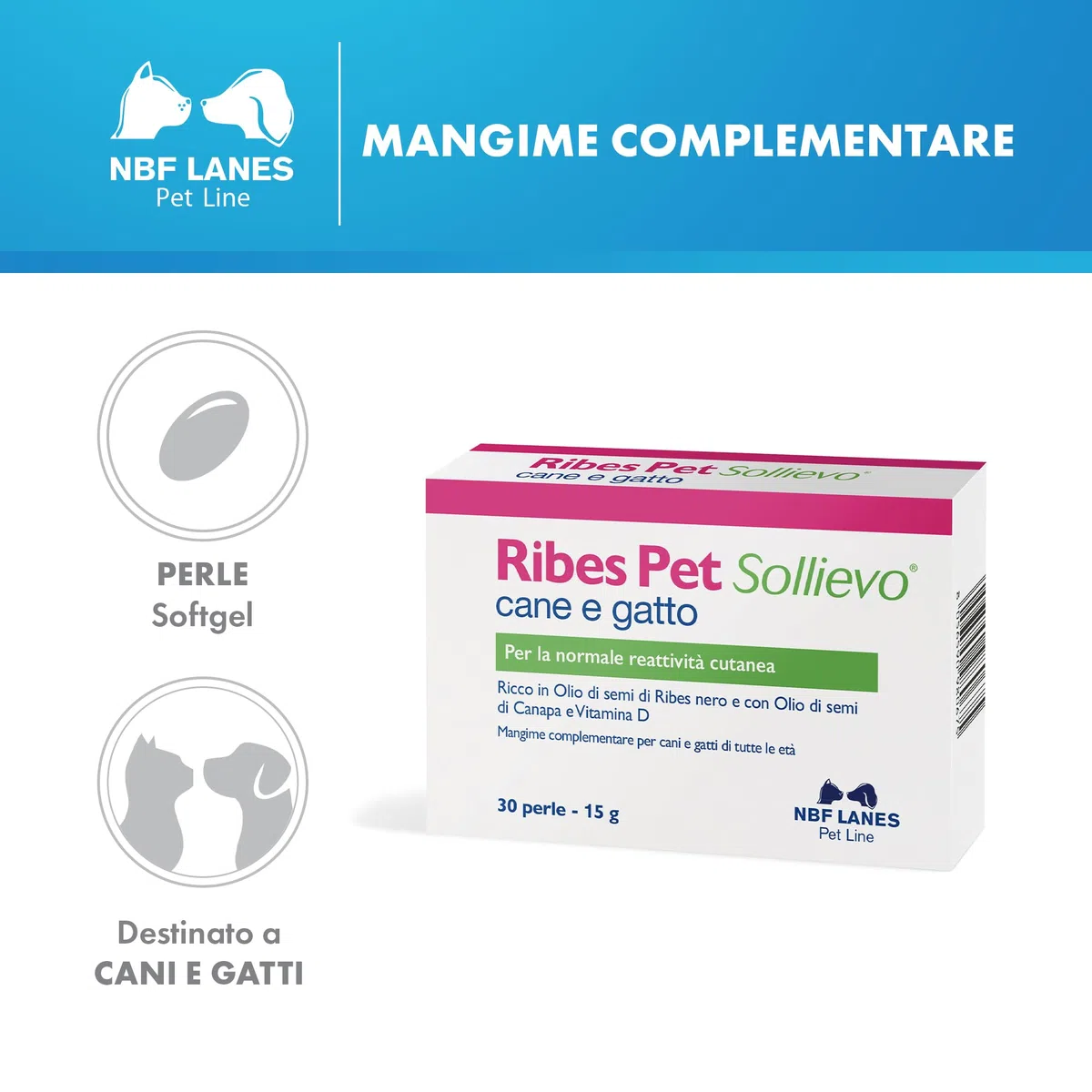 NBF Lanes | Ribes Pet Sollievo Cane e Gatto, 30 Perle Appetibili, per la Normale Reattività Cutanea