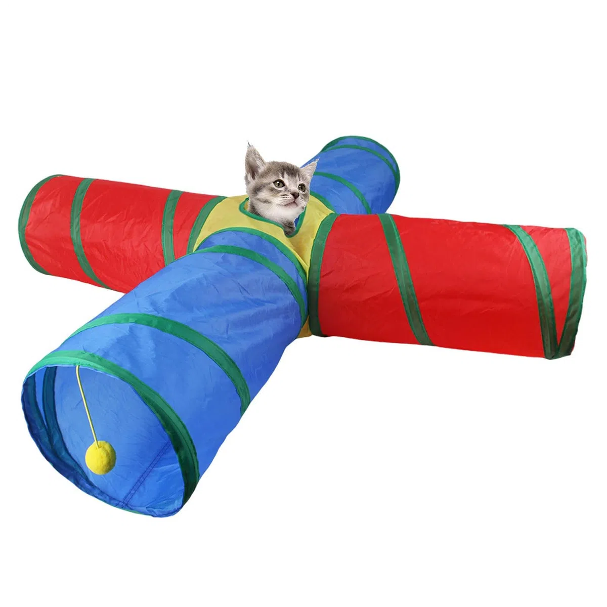 Tunnel per gatti interni, giocattolo tunnel di gatto - Tunnel gatti pieghevoli a 4 vie del gattino arcobaleno,Forniture per animali interattivi giocattolo per animali domestici con palla da gioco per