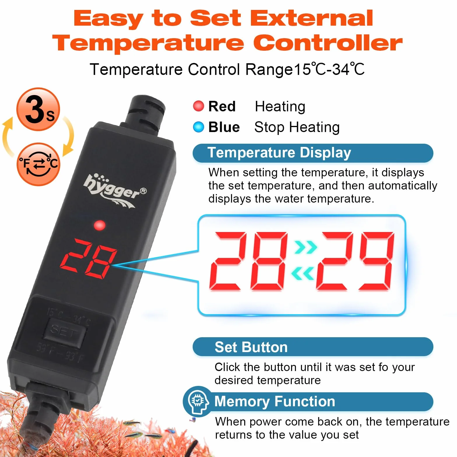 hygger Sommergibile Riscaldatore per Acquario, 25W Mini Fish Tank Heater Aquarium Betta Heater con Digitale Display Controllo for 3-19L Freshwater Aquariums