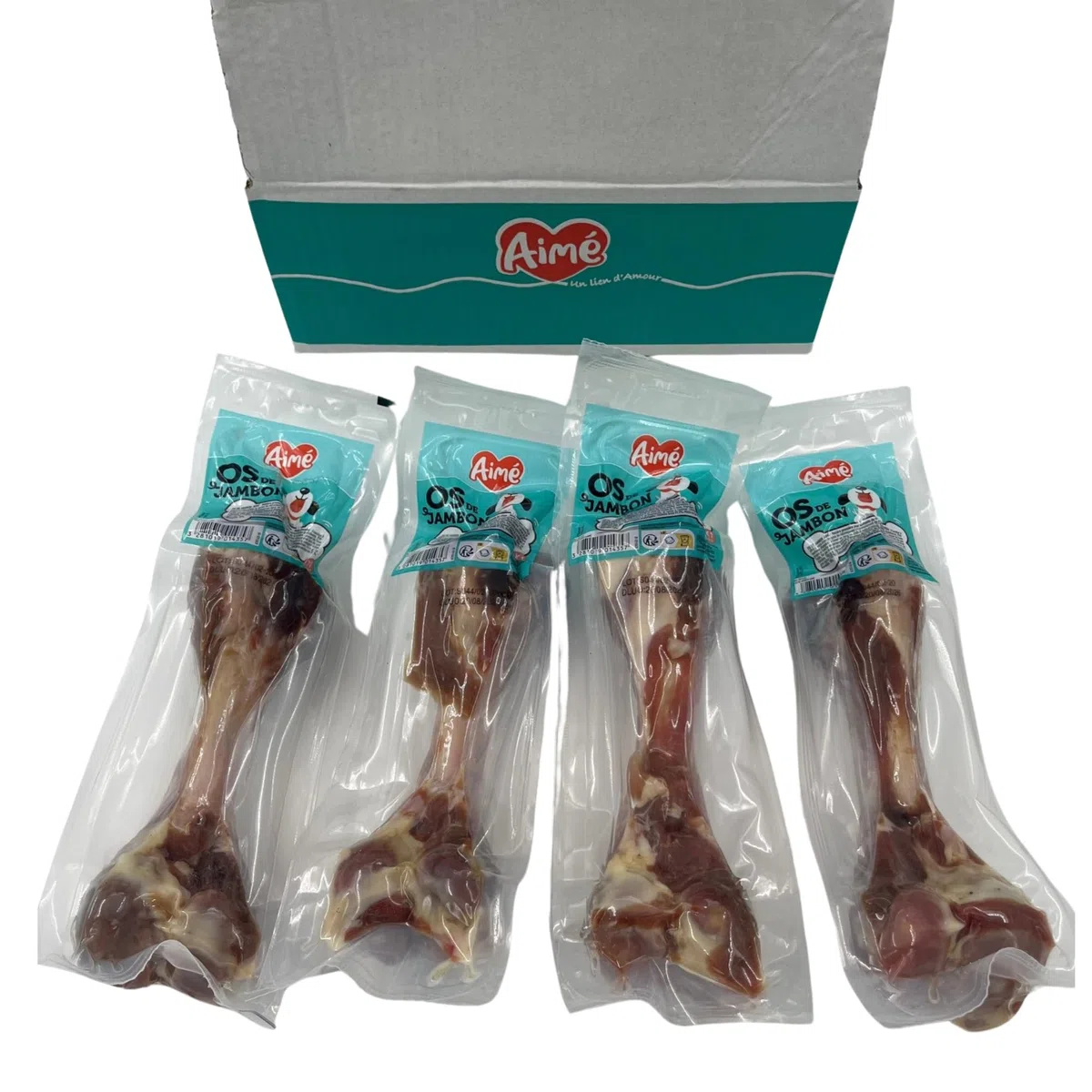 Aimé - Ossa per cane al prosciutto - Confezione da 4 - Ossa da masticare per cane al 100% naturale e dolcetto per tutte le razze e tutte le età - premio