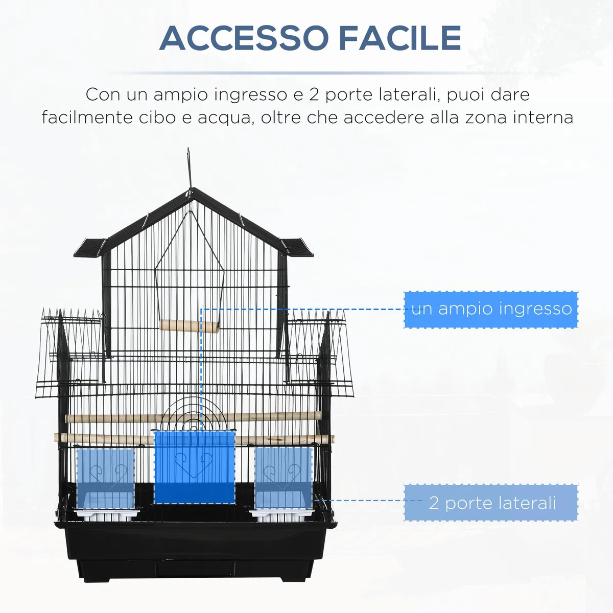 PawHut Gabbia per Uccelli con Maniglia di Trasporto e Vassoio Estraibile, Gabbietta per Uccelli in Metallo e Plastica, 50.5x41x63 cm, Nero