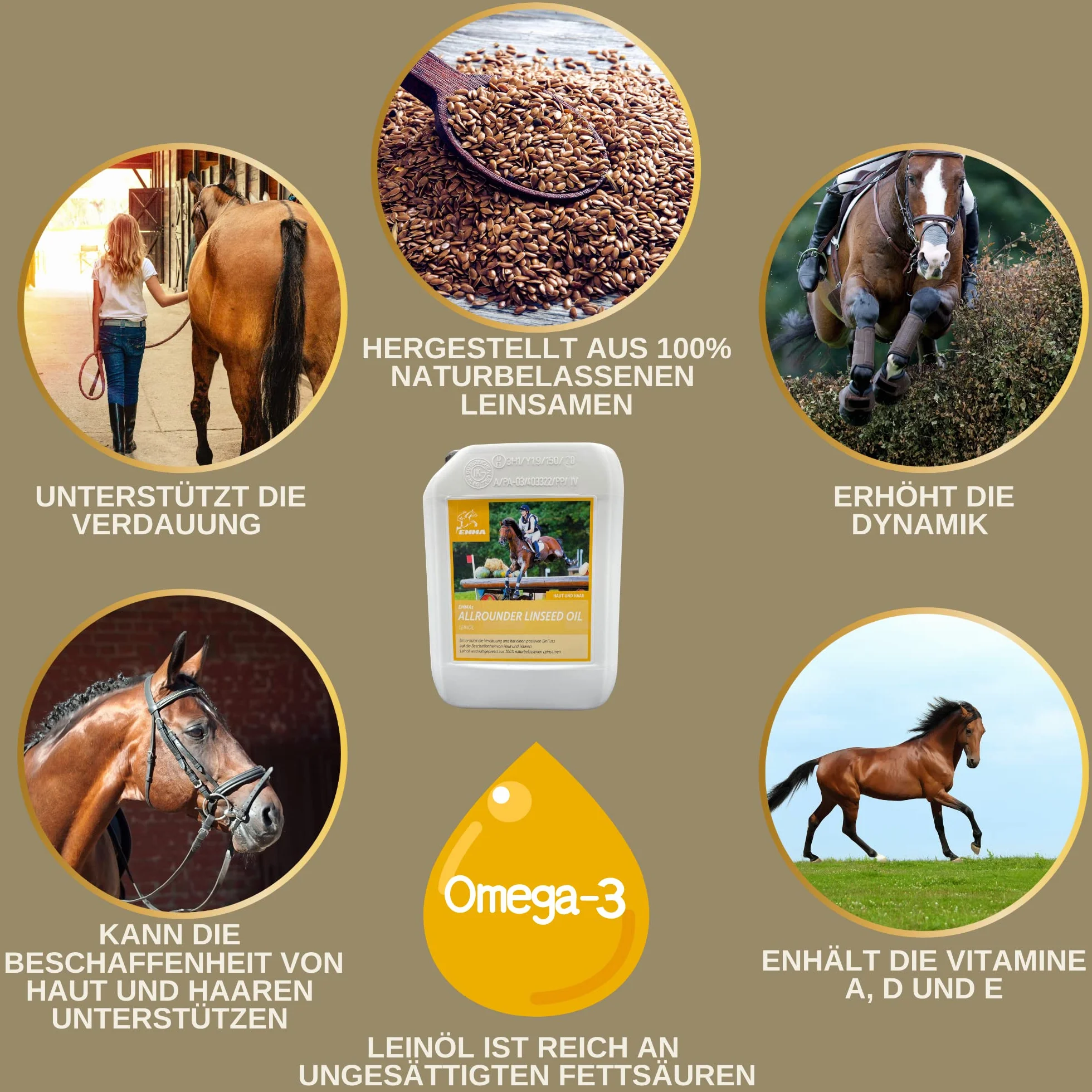 Olio di lino per cavalli e cani mangime per cavalli integratore alimentare I omega 3-6 acidi grassi in olio I spremuto a freddo I vitamine A, D & E I per pelo lucido ed energia I 100% naturale 2,5L