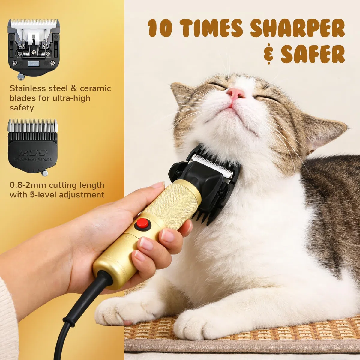CGOLDENWALL Tosatrice per Cani 280W, Velocità Senza Passaggi 2000-6000RPM, Rumore Basso <50dB, Cavo 3m, 2 Lame Ceramiche Rimovibili, 2 Pettini Accessori per Cane, Gatto e Tutti i Tipi di Pelo (Dorato)