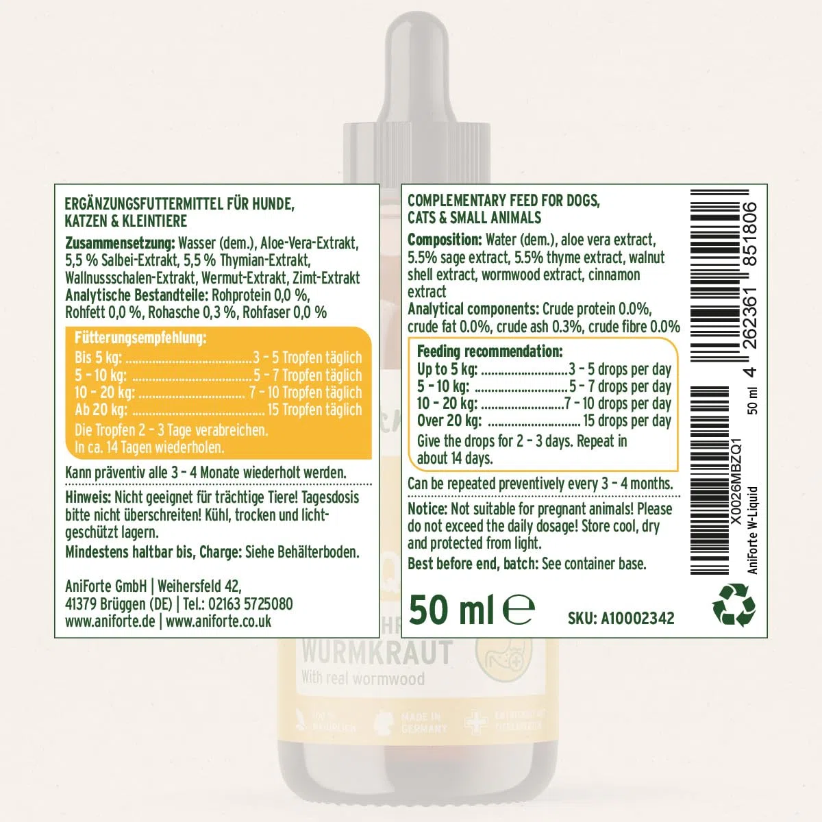 AniForte Verme Erba W-Liquid Gocce Liquido – alternativa naturale per cani, gatti, animali domestici, supporta e armonizza lo stomaco dopo infestazioni da vermi, prodotto in Germania, 50 ml