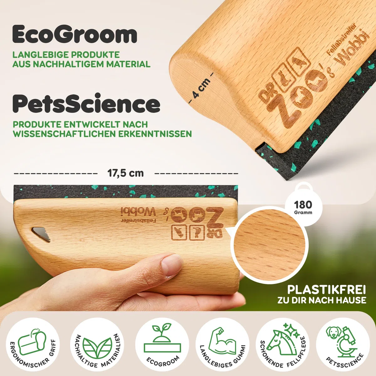 DR Zoo Wobbi - Spazzola per pelo per la cura delicata del pelo, spazzola ergonomica in gomma per una depilazione efficace, spazzola massaggiante per il cambio del pelo e pulizia quotidiana e delicata