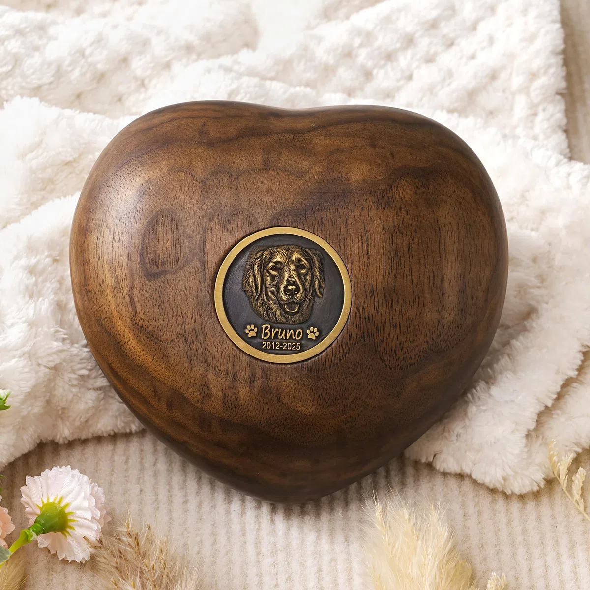 Urna commemorativa per animali domestici con intarsio in ottone personalizzato, urna in legno a forma di cuore con foto, ricordo per cani e gatti, regalo per la perdita di animali domestici